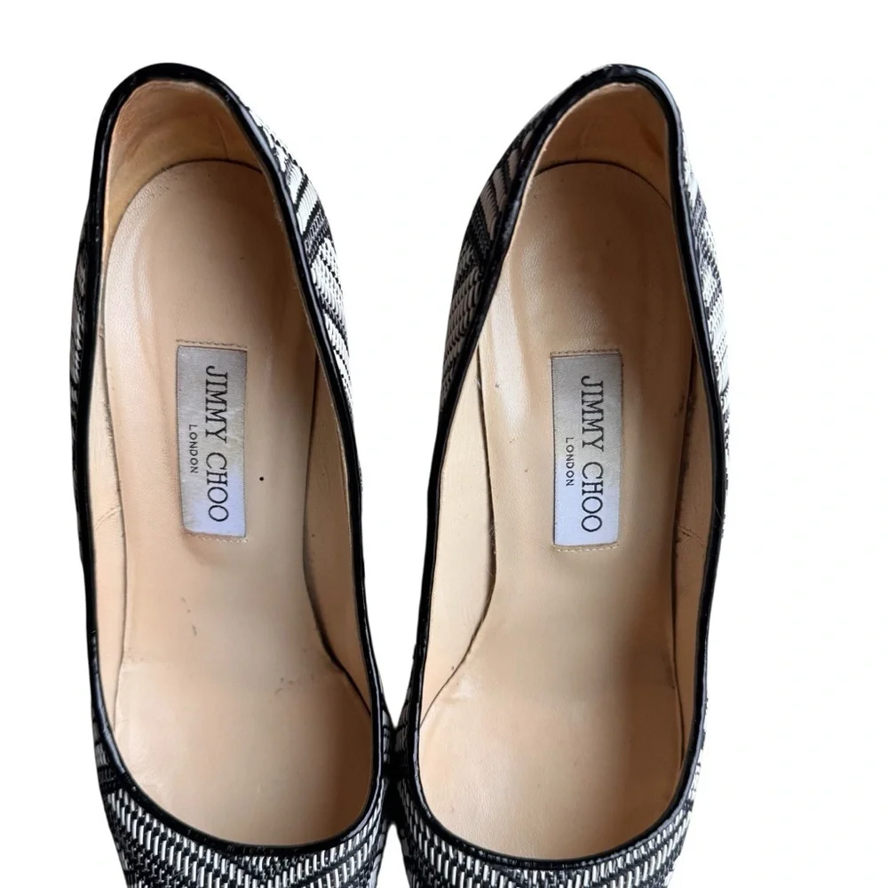 Jimmy Choo -Abel Black & White Woven Print Pointed Toe Stiletto Heels Sz 39.5
